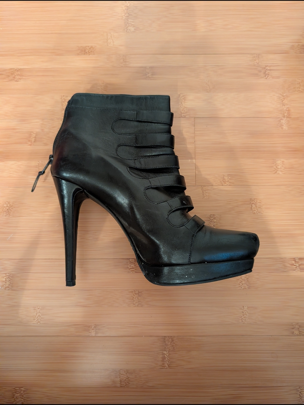 Stuart Weitzman Black Buckled Leather High-Heel Ankle Bootie - Picture 5 of 10